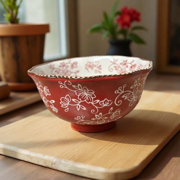 Pair of Temp-tations by Tara Bowls – Red Floral Lace Pattern – 24 oz Soup Cereal - Picture 3 of 4